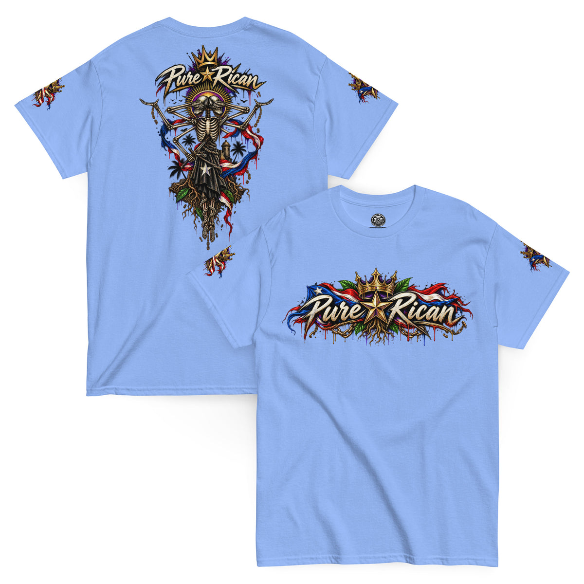 Pure⭐️Rican Heritage Skeleton Back Tee in Carolina Blue with crown logo front and oversized Puerto Rican-inspired skeleton back artwork