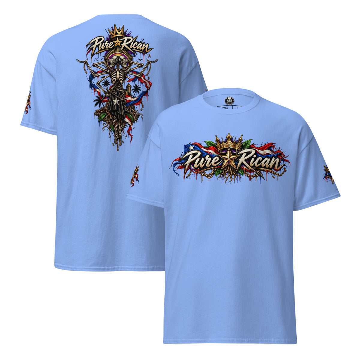 Pure⭐️Rican Heritage Skeleton Back Tee in Carolina Blue showing front logo, oversized back graphic, and sleeve details