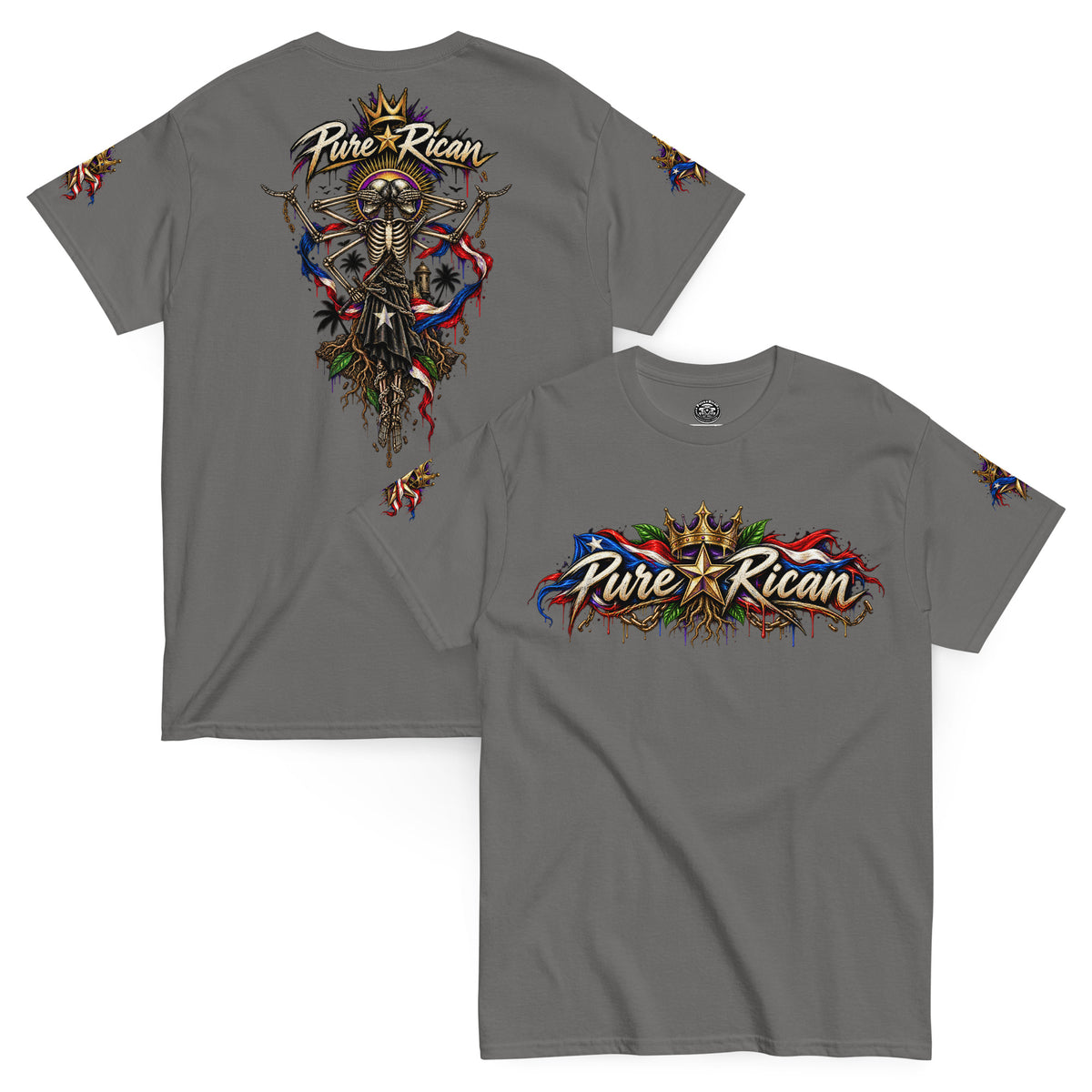 Pure⭐️Rican Heritage Skeleton Back Tee in Charcoal with crown logo front and oversized Puerto Rican-inspired skeleton back artwork