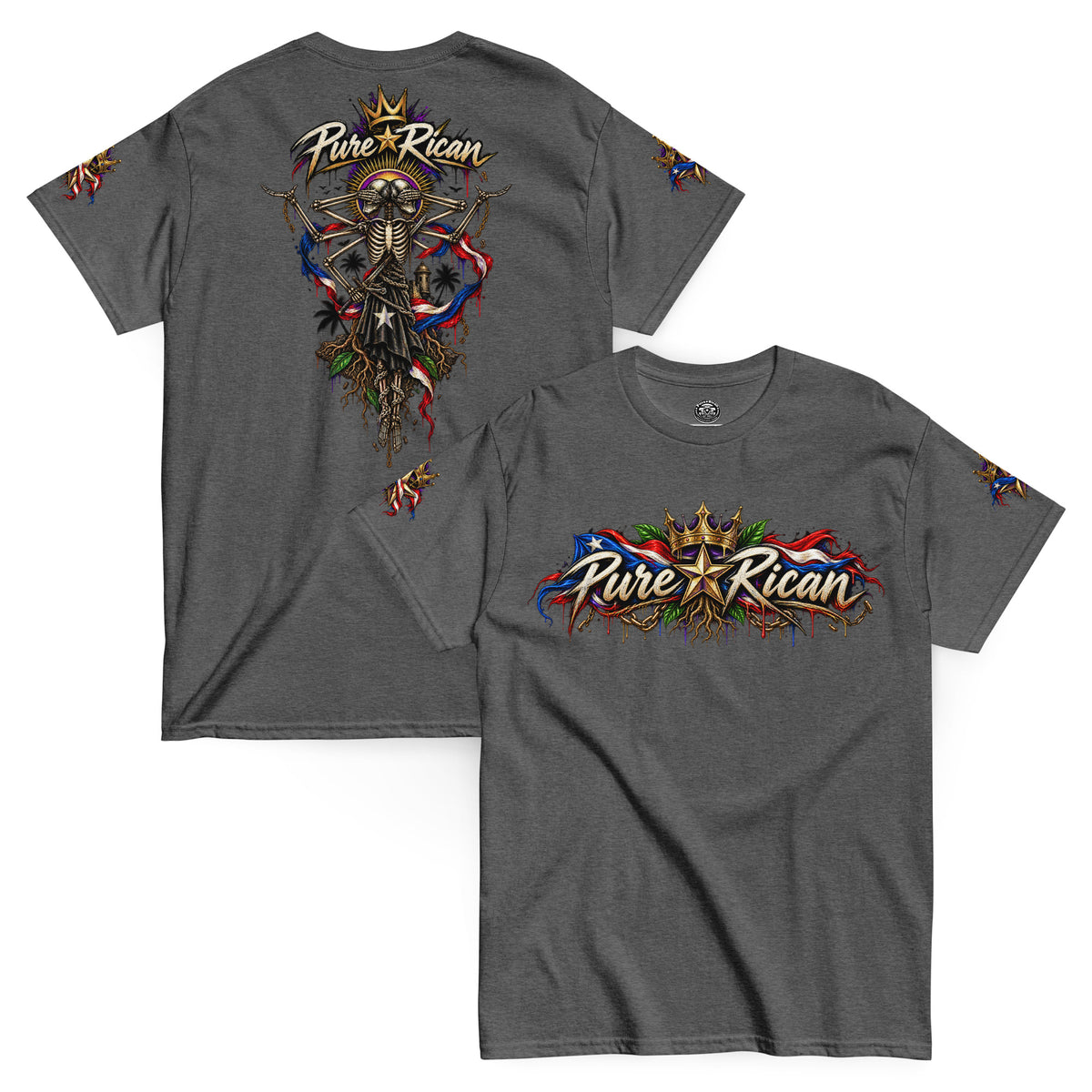 Pure⭐️Rican Heritage Skeleton Back Tee in Dark Heather with crown logo front and oversized Puerto Rican-inspired skeleton back artwork