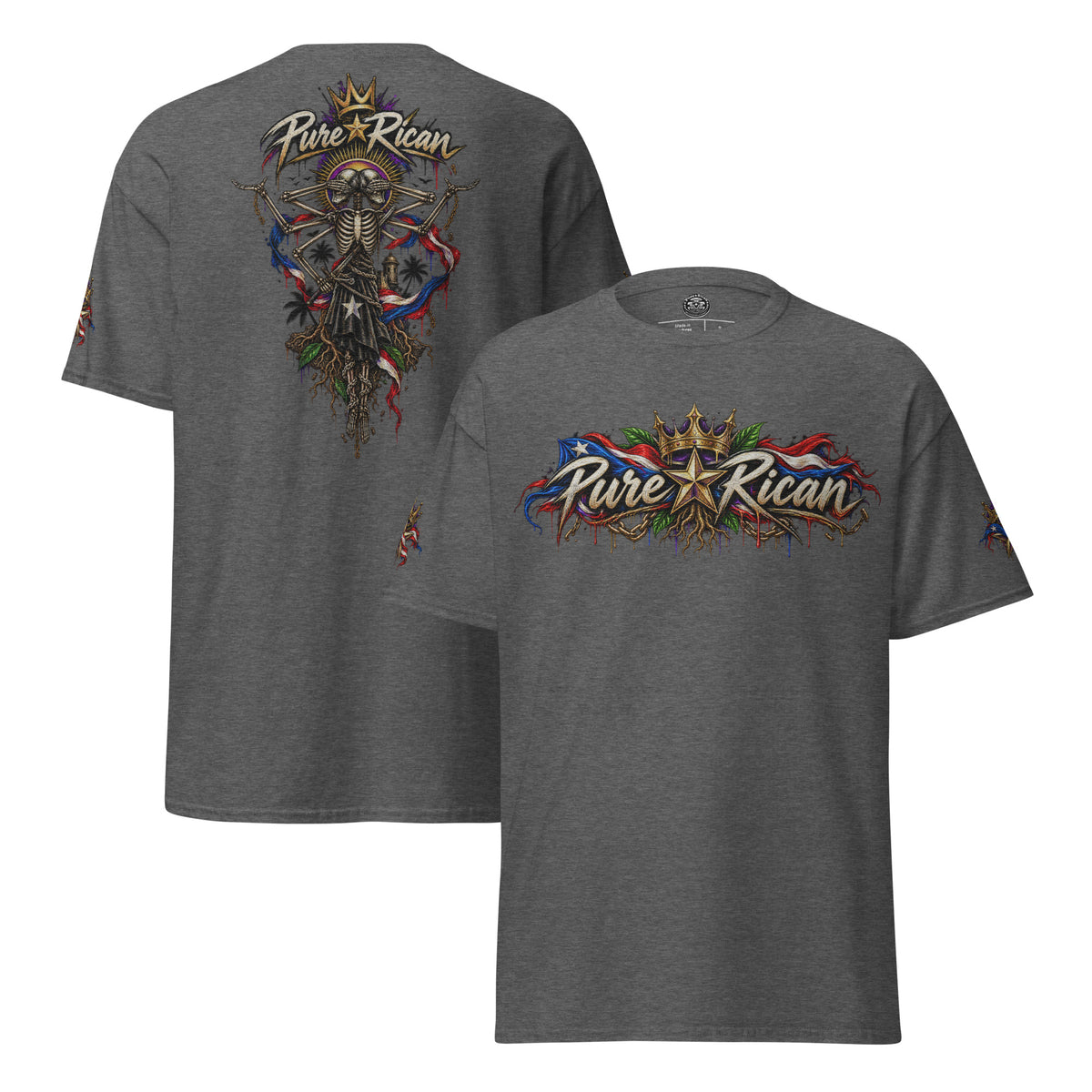 Pure⭐️Rican Heritage Skeleton Back Tee in Dark Heather showing front logo, oversized back graphic, and sleeve details