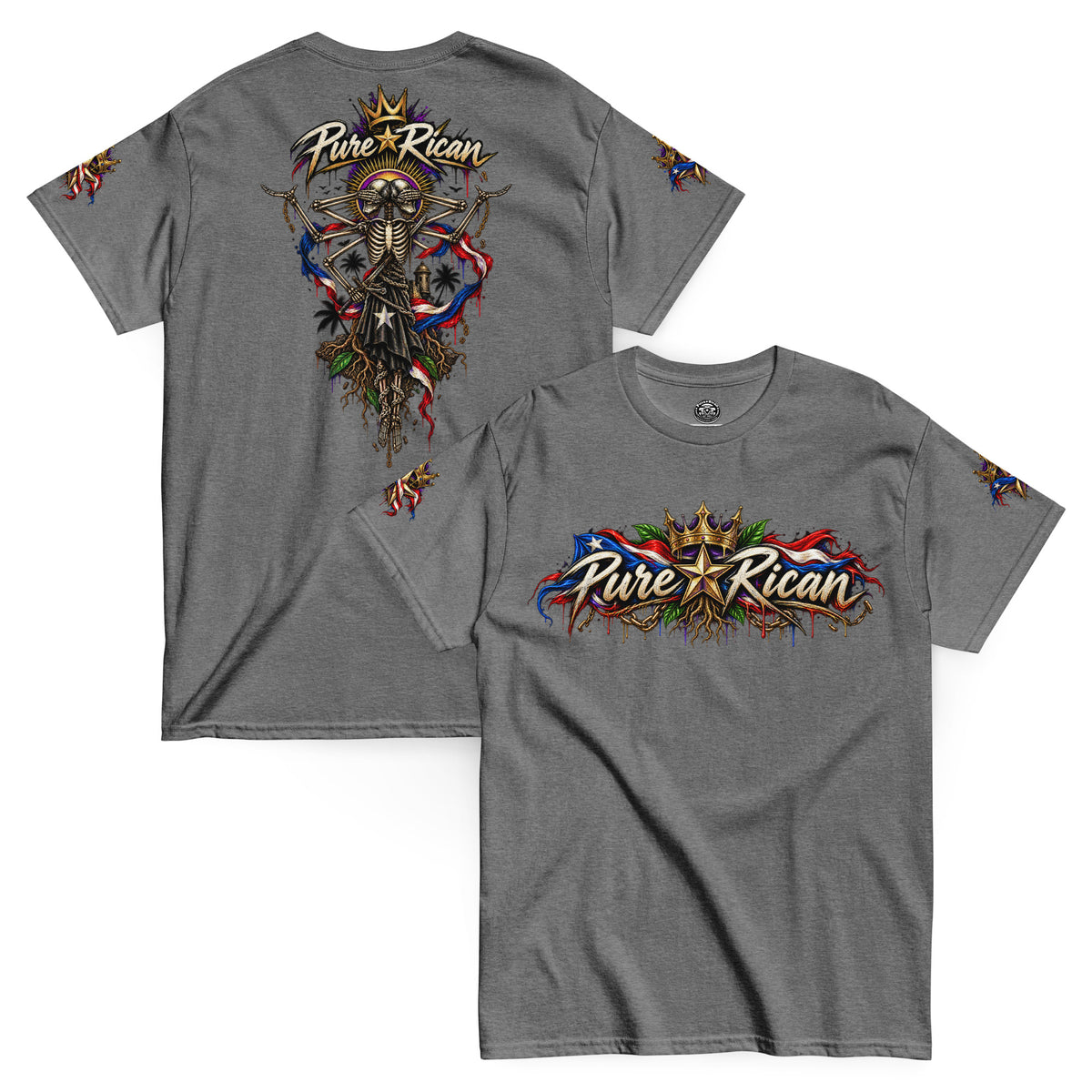 Pure⭐️Rican Heritage Skeleton Back Tee in Graphite Heather with crown logo front and oversized Puerto Rican-inspired skeleton back artwork