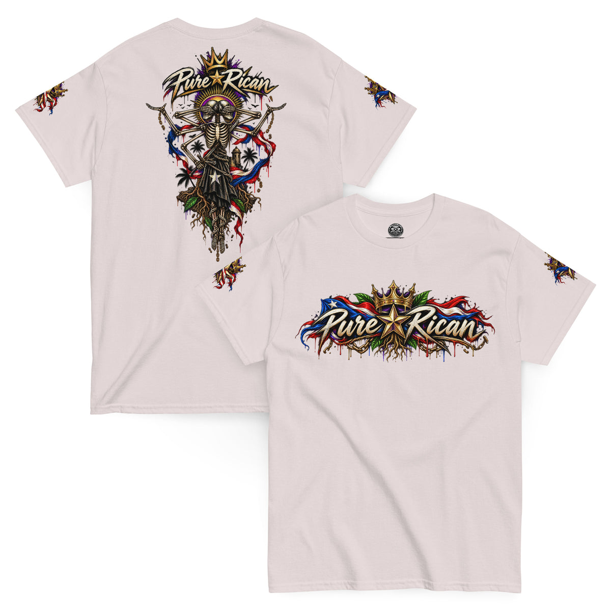 Pure⭐️Rican Heritage Skeleton Back Tee in Ice Grey with crown logo front and oversized Puerto Rican-inspired skeleton back artwork