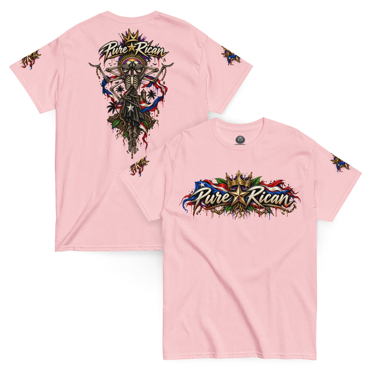 Pure⭐️Rican Heritage Skeleton Back Tee in Light Pink with crown logo front and oversized Puerto Rican-inspired skeleton back artwork