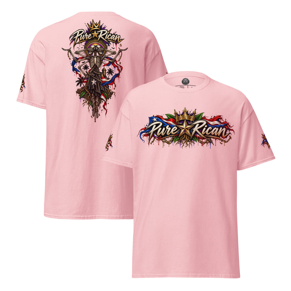 Pure⭐️Rican Heritage Skeleton Back Tee in Light Pink showing front logo, oversized back graphic, and sleeve details