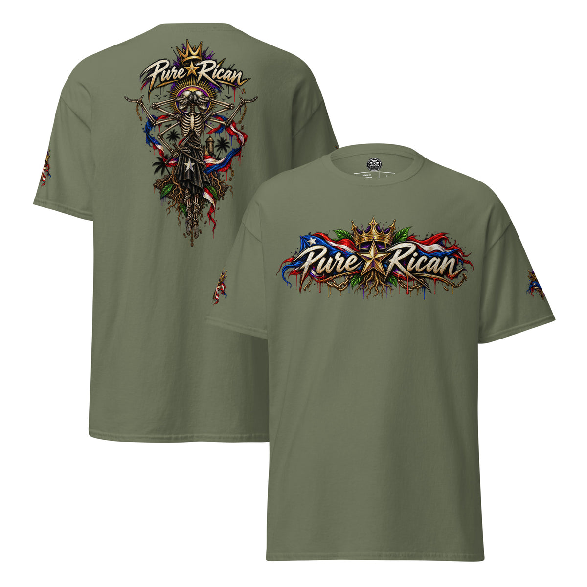 Pure⭐️Rican Heritage Skeleton Back Tee in Military Green showing front logo, oversized back graphic, and sleeve details