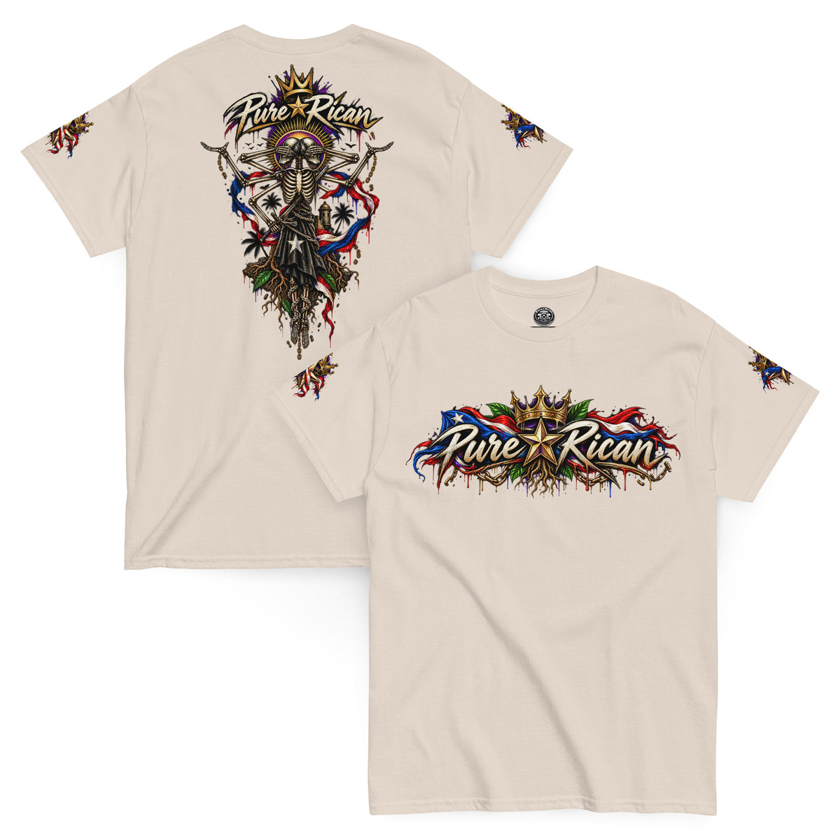 Pure⭐️Rican Heritage Skeleton Back Tee in Natural with crown logo front and oversized Puerto Rican-inspired skeleton back artwork