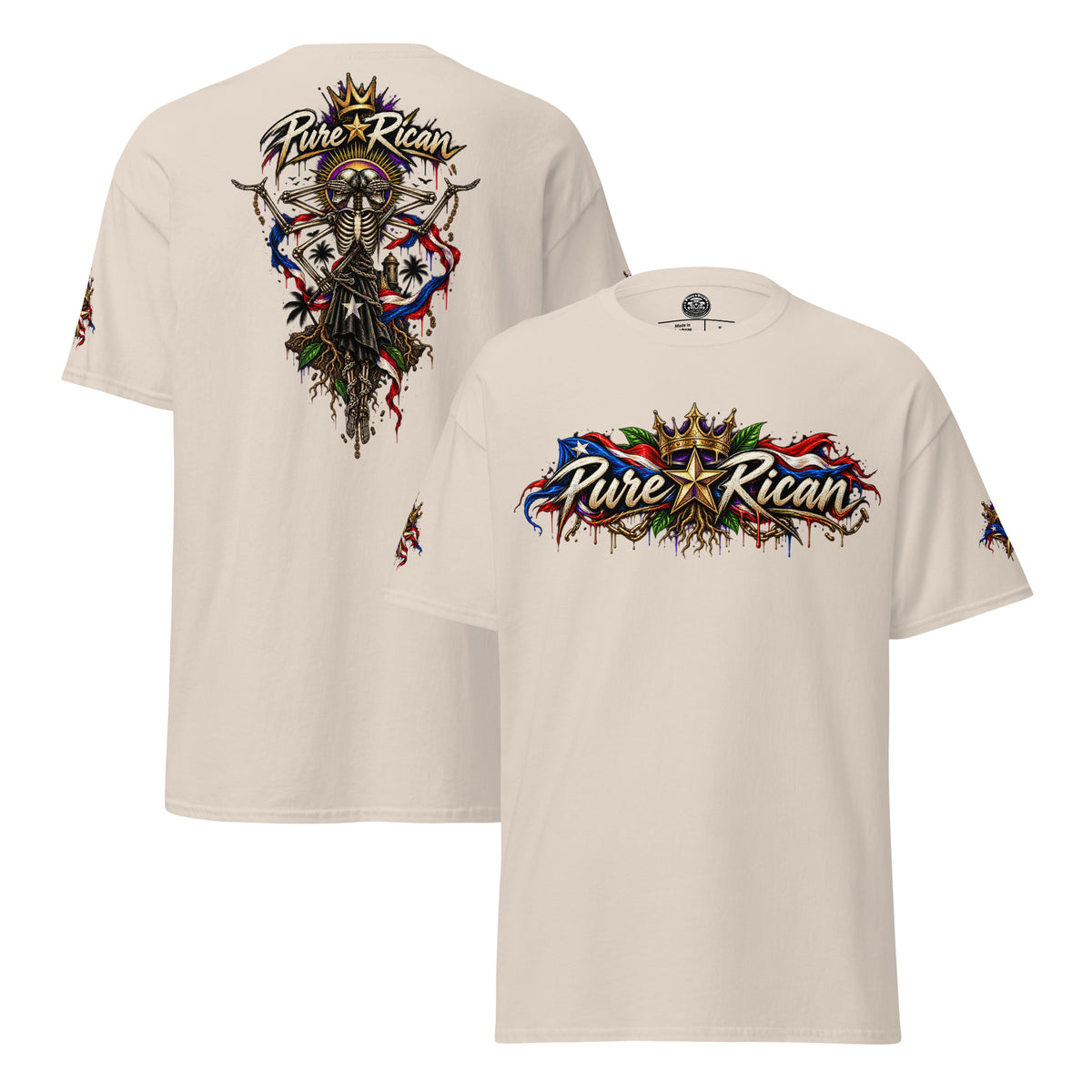 Pure⭐️Rican Heritage Skeleton Back Tee in Natural showing front logo, oversized back graphic, and sleeve details