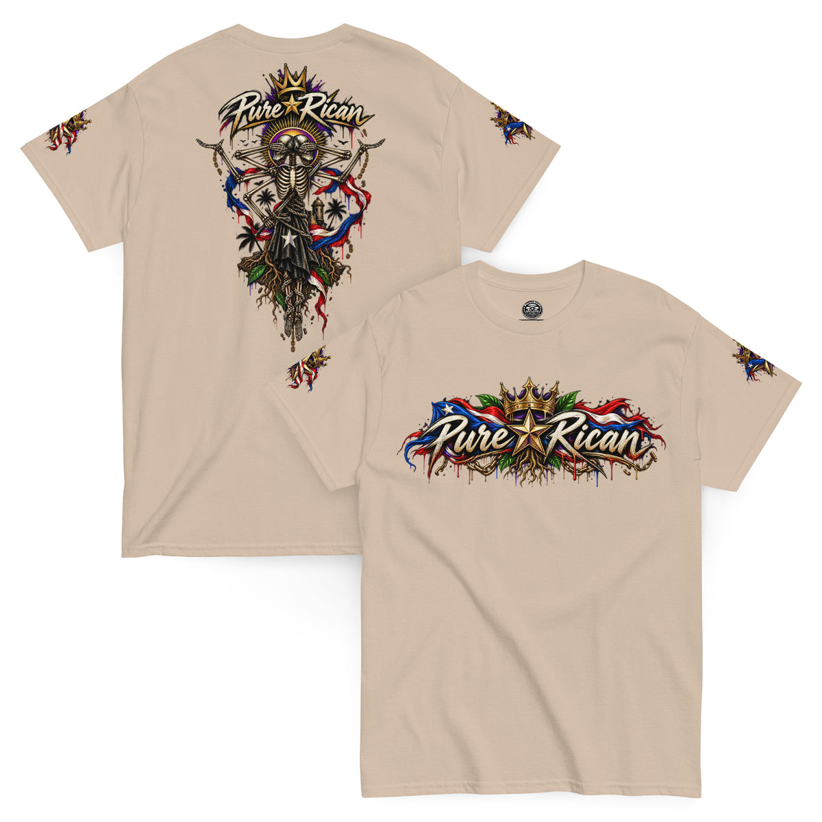 Pure⭐️Rican Heritage Skeleton Back Tee in Sand with crown logo front and oversized Puerto Rican-inspired skeleton back artwork