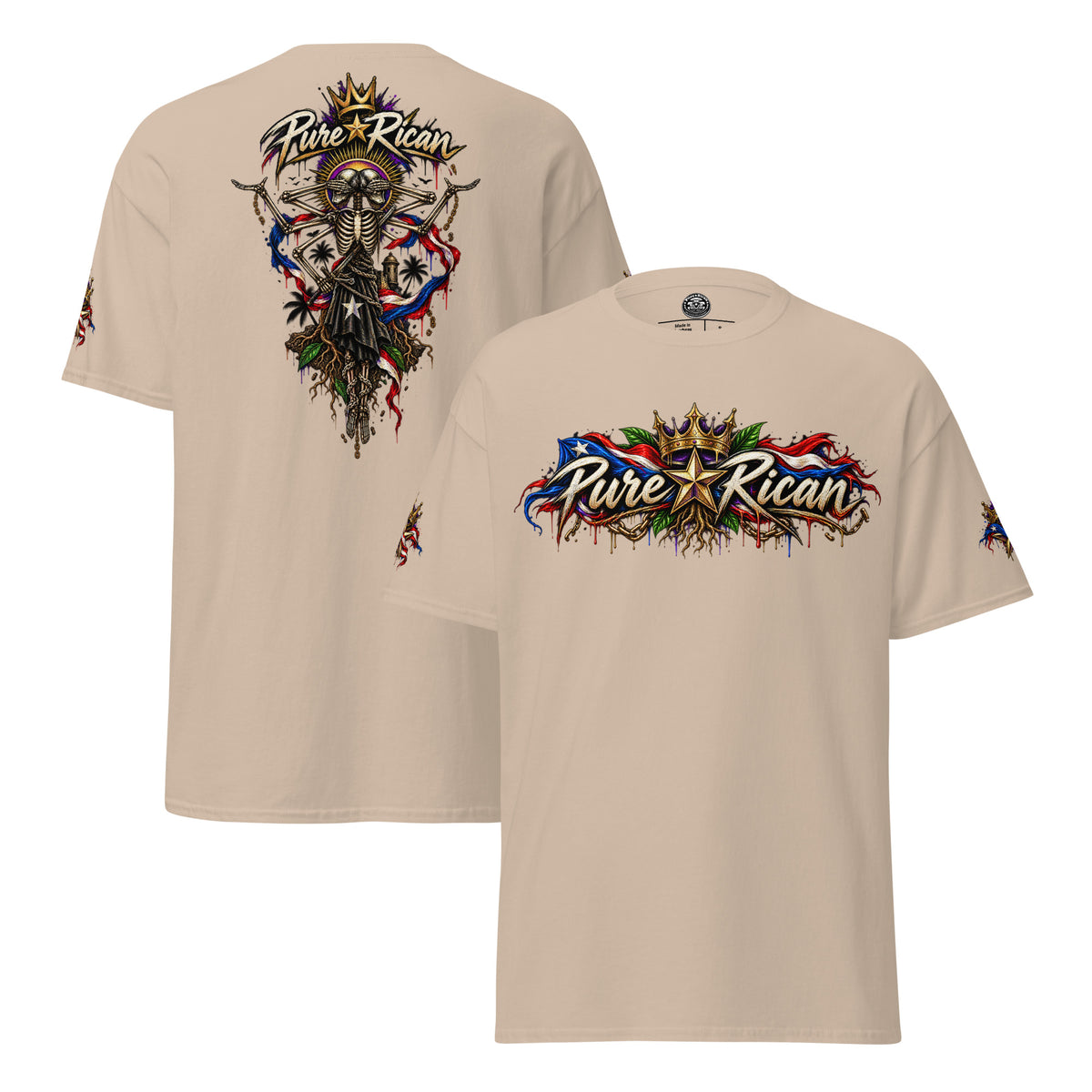 Pure⭐️Rican Heritage Skeleton Back Tee in Sand showing front logo, oversized back graphic, and sleeve details