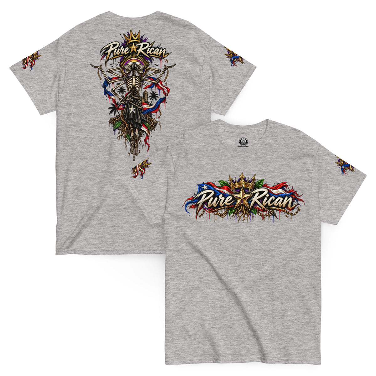Pure⭐️Rican Heritage Skeleton Back Tee in Sport Grey with crown logo front and oversized Puerto Rican-inspired skeleton back artwork
