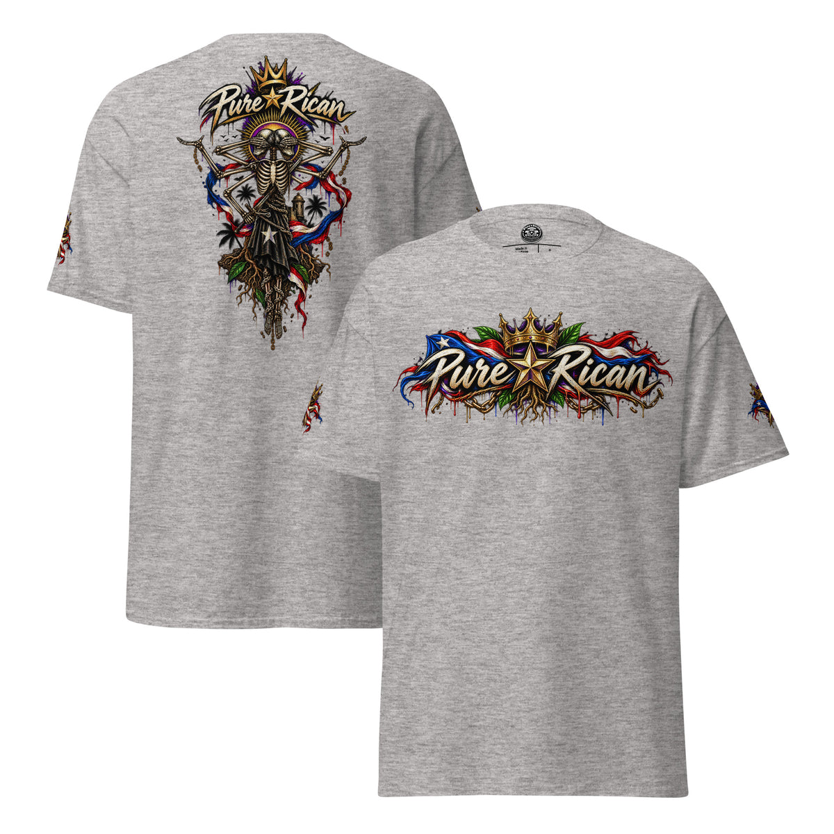 Pure⭐️Rican Heritage Skeleton Back Tee in Sport Grey showing front logo, oversized back graphic, and sleeve details