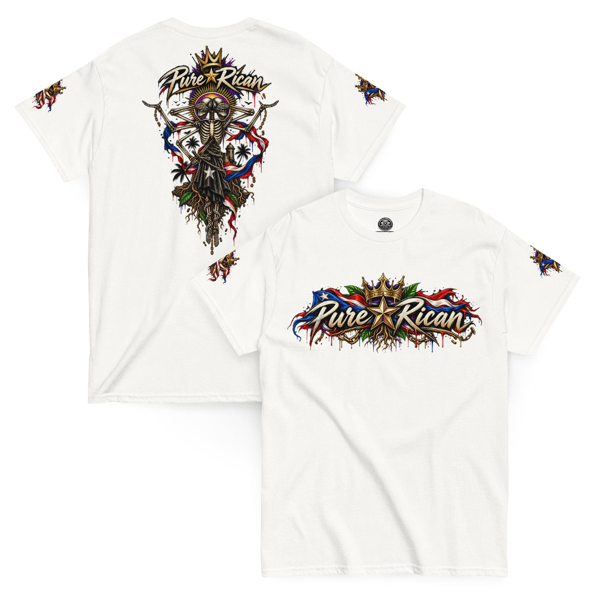 Pure⭐️Rican Heritage Skeleton Back Tee in White with crown logo front and oversized Puerto Rican-inspired skeleton back artwork