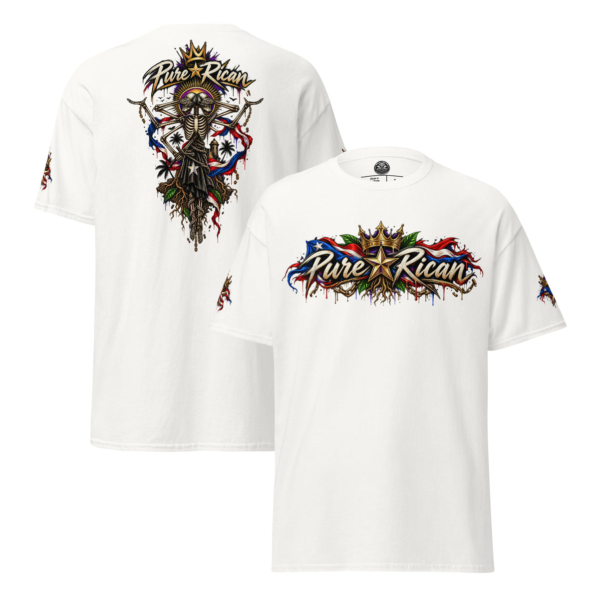 Pure⭐️Rican Heritage Skeleton Back Tee in White showing front logo, oversized back graphic, and sleeve details