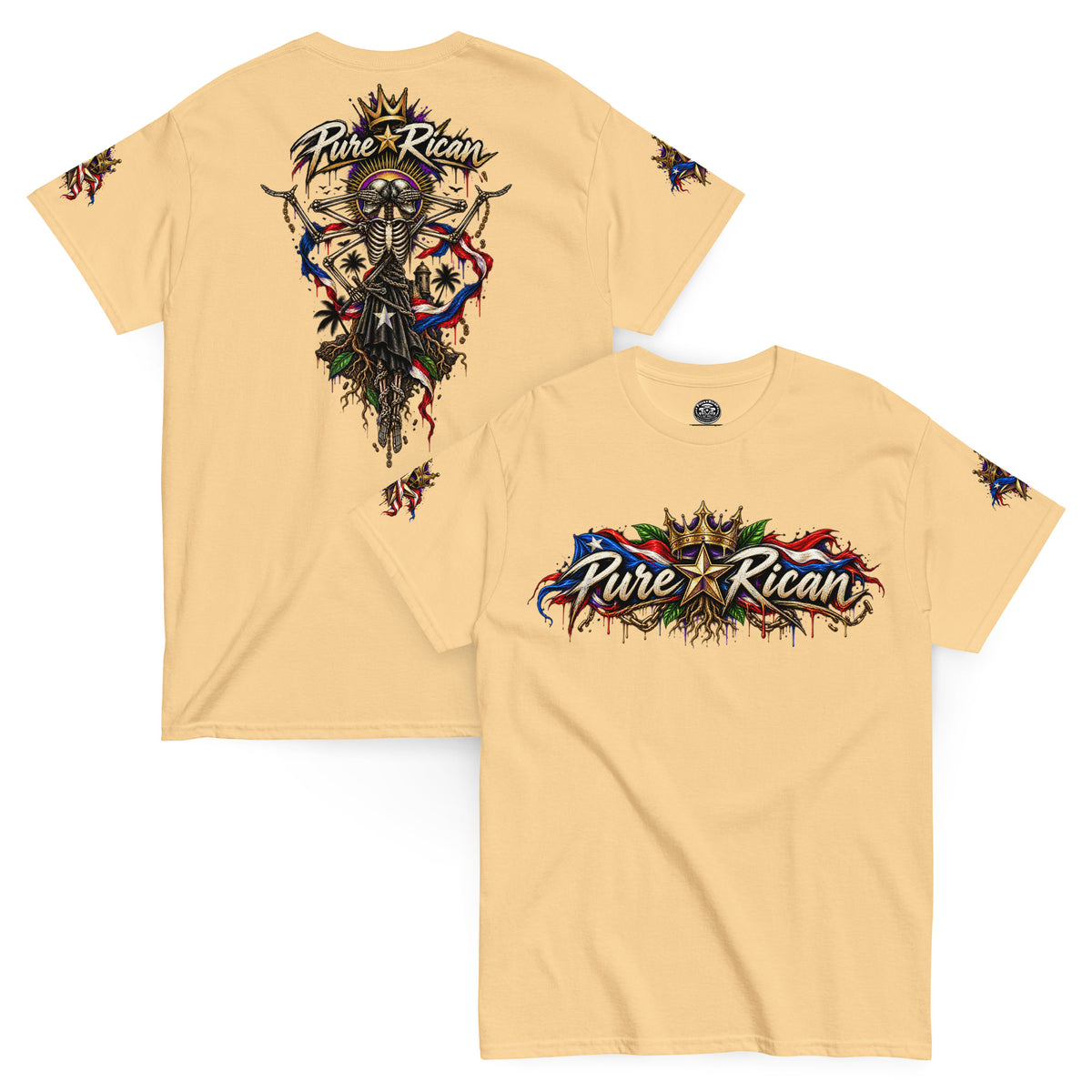 Pure⭐️Rican Heritage Skeleton Back Tee in Yellow Haze with crown logo front and oversized Puerto Rican-inspired skeleton back artwork