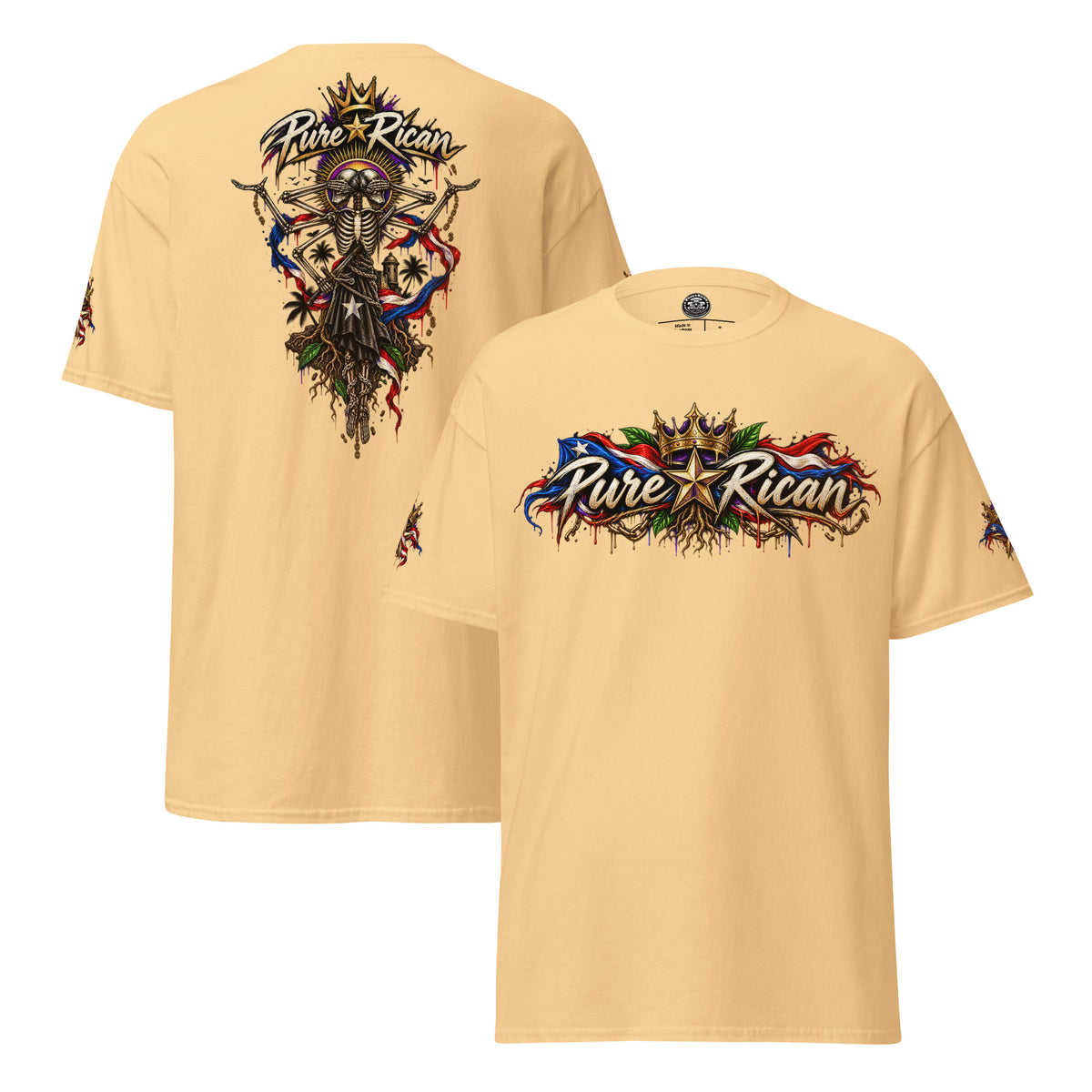 Pure⭐️Rican Heritage Skeleton Back Tee in Yellow Haze showing front logo, oversized back graphic, and sleeve details