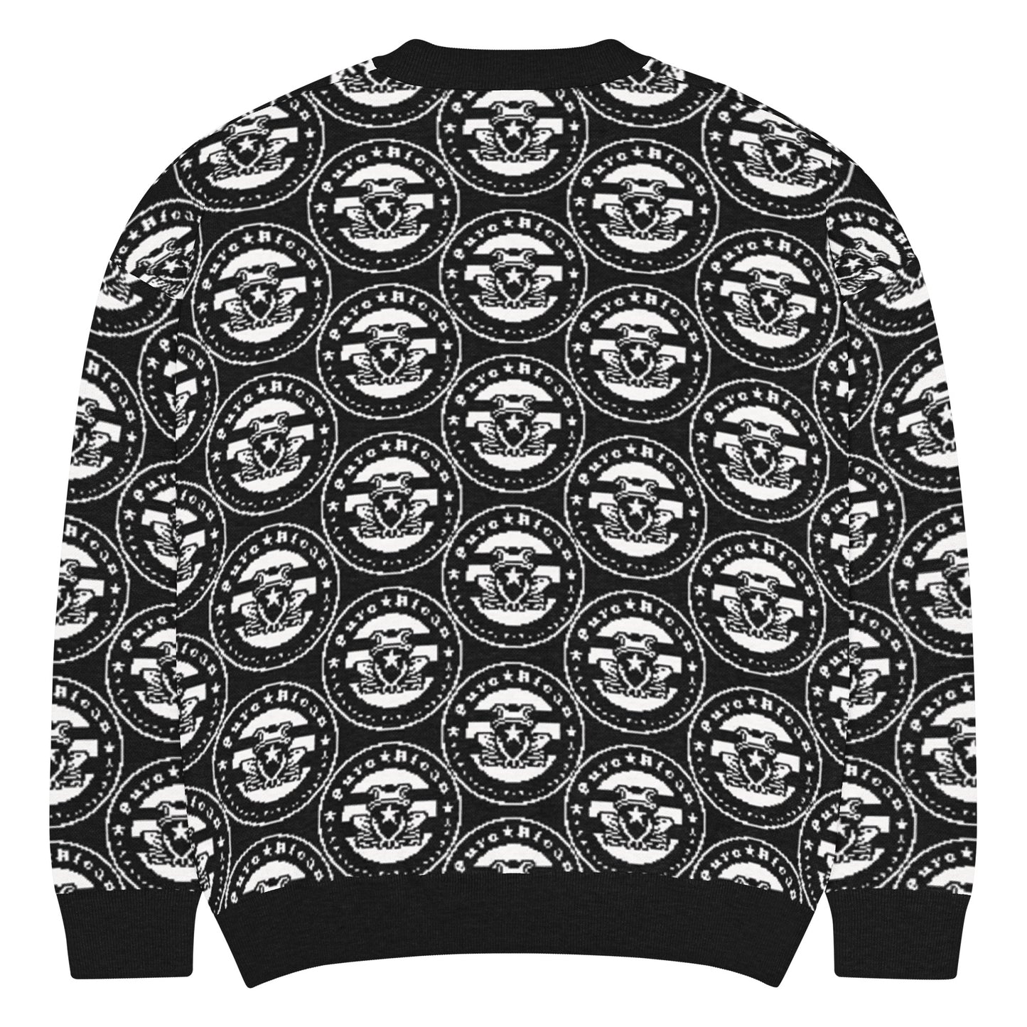 All-over Pure⭐️Rican OG logo pattern knitted into black and gray crewneck sweater fabric