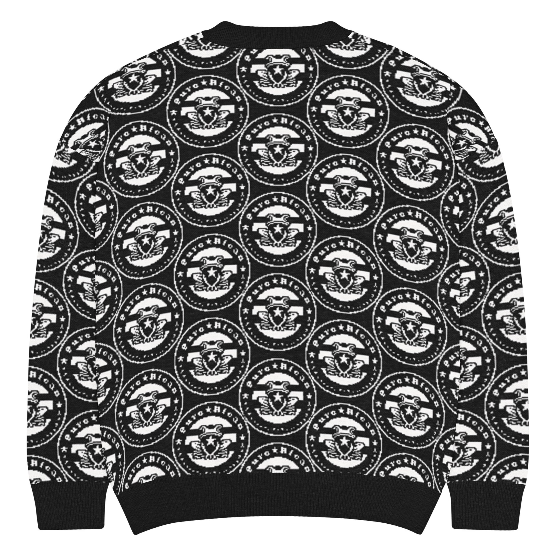 All-over Pure⭐️Rican OG logo pattern knitted into black and gray crewneck sweater fabric