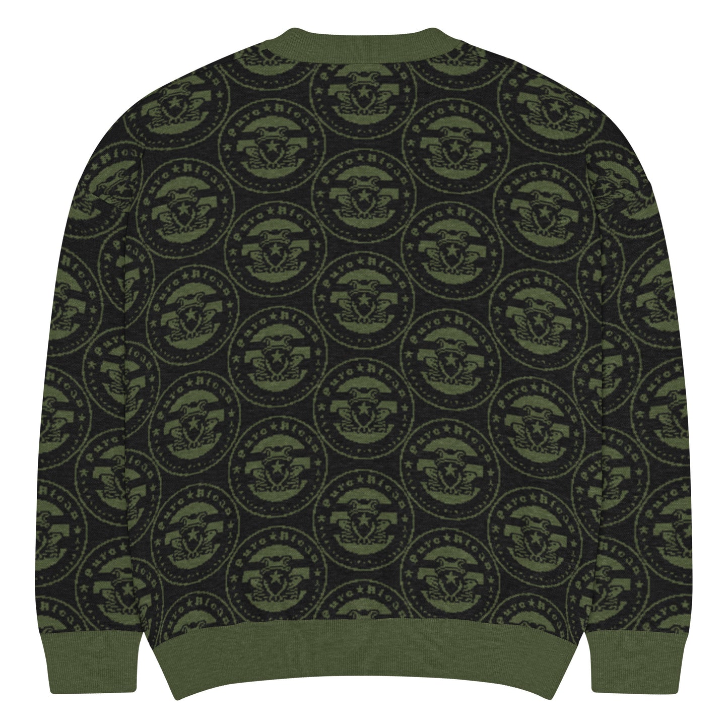 Close-up detail of Pure⭐️Rican knitted crewneck sweater showing ribbed collar and OG logo knit texture