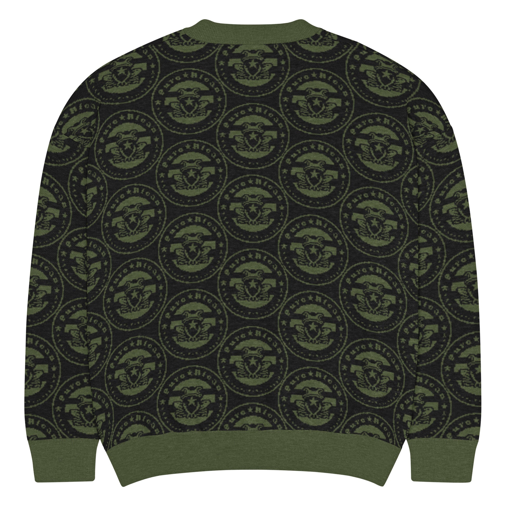 Close-up detail of Pure⭐️Rican knitted crewneck sweater showing ribbed collar and OG logo knit texture