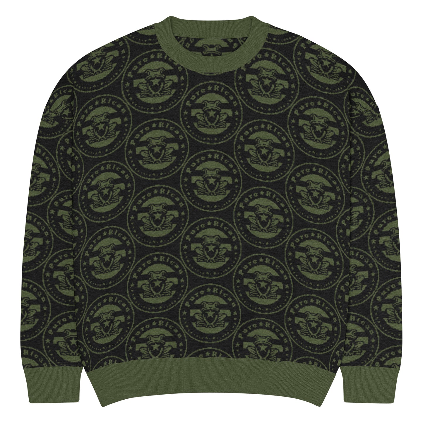 Close-up detail of Pure⭐️Rican knitted crewneck sweater showing ribbed collar and OG logo knit texture