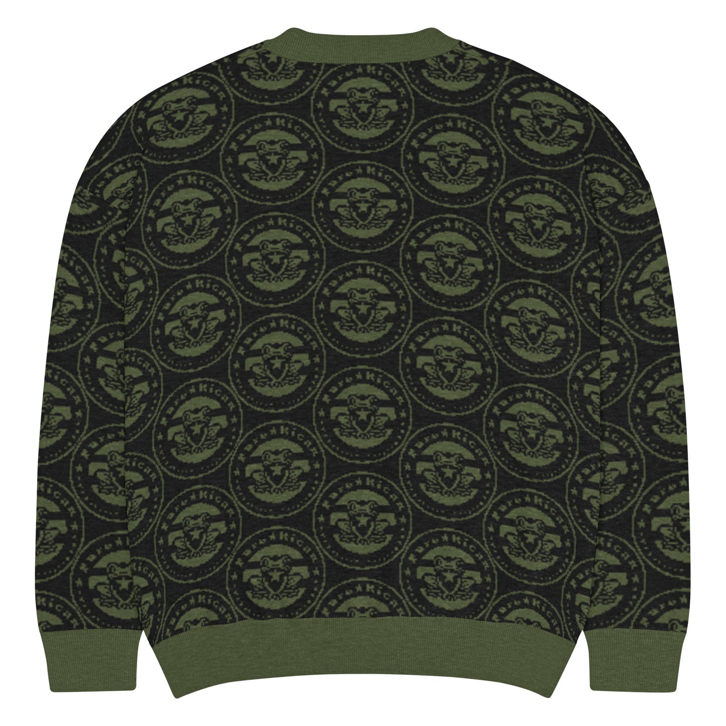 Close-up detail of Pure⭐️Rican knitted crewneck sweater showing ribbed collar and OG logo knit texture