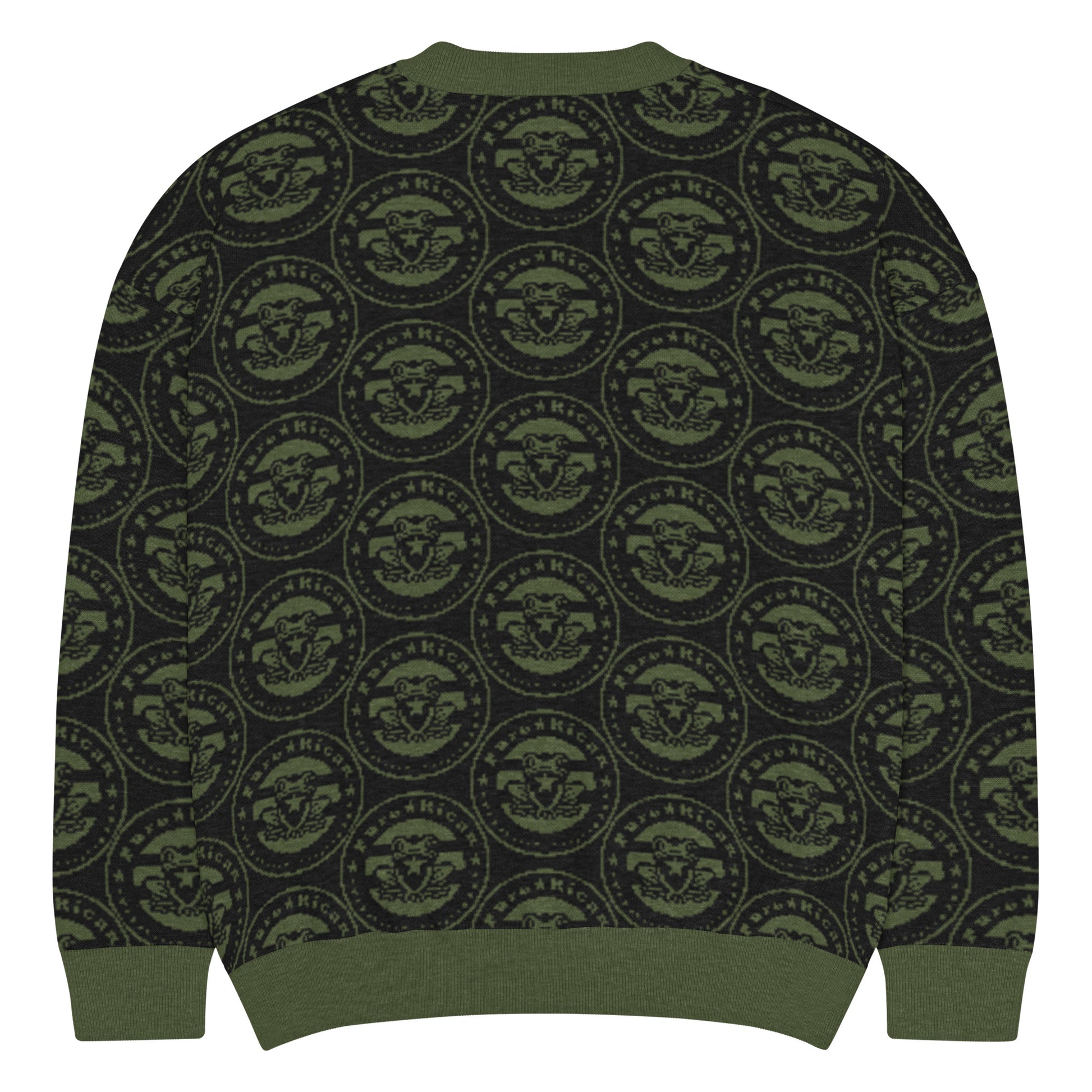 Close-up detail of Pure⭐️Rican knitted crewneck sweater showing ribbed collar and OG logo knit texture