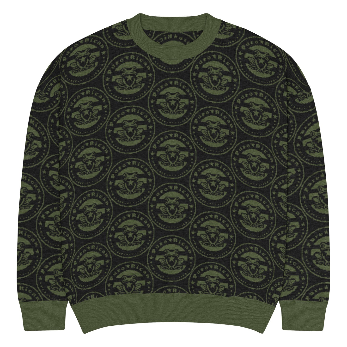 Close-up detail of Pure⭐️Rican knitted crewneck sweater showing ribbed collar and OG logo knit texture