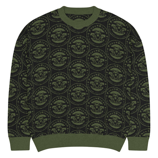 Close-up detail of Pure⭐️Rican knitted crewneck sweater showing ribbed collar and OG logo knit texture