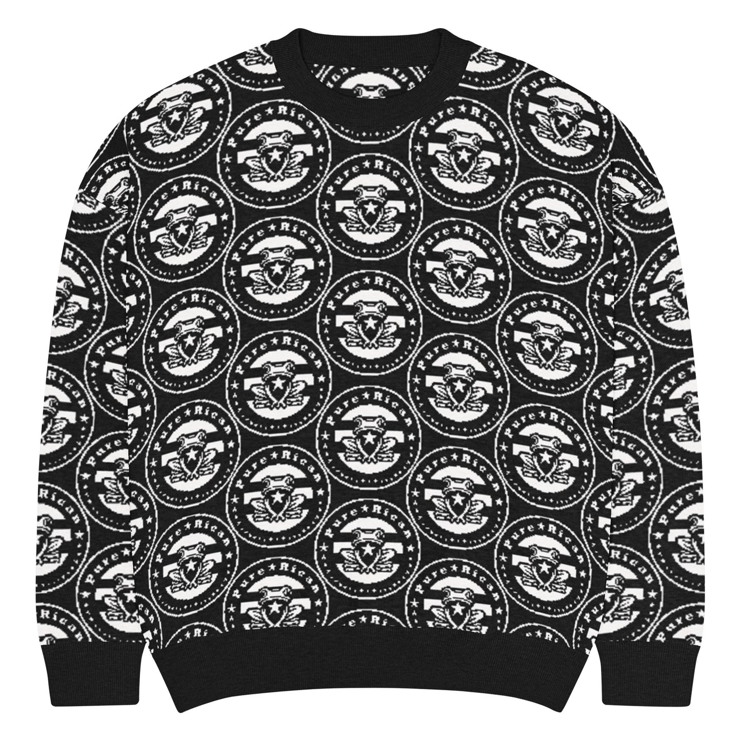 All-over Pure⭐️Rican OG logo pattern knitted into black and gray crewneck sweater fabric