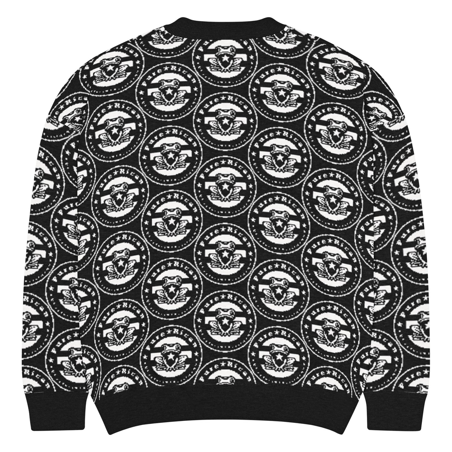 All-over Pure⭐️Rican OG logo pattern knitted into black and gray crewneck sweater fabric