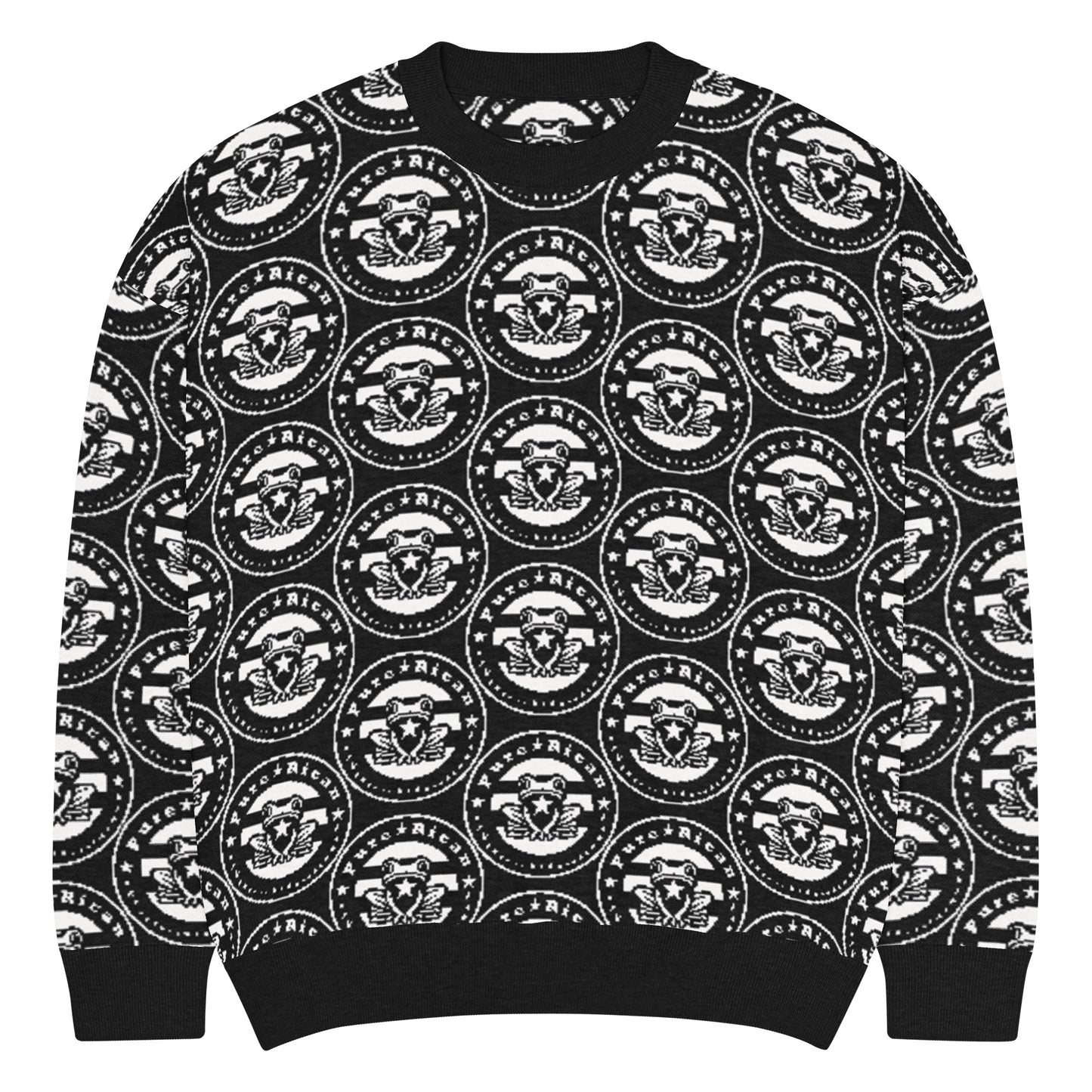 All-over Pure⭐️Rican OG logo pattern knitted into black and gray crewneck sweater fabric