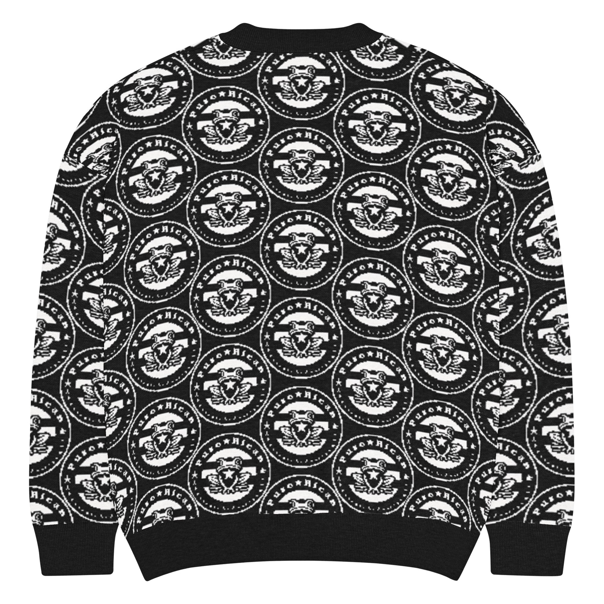 All-over Pure⭐️Rican OG logo pattern knitted into black and gray crewneck sweater fabric