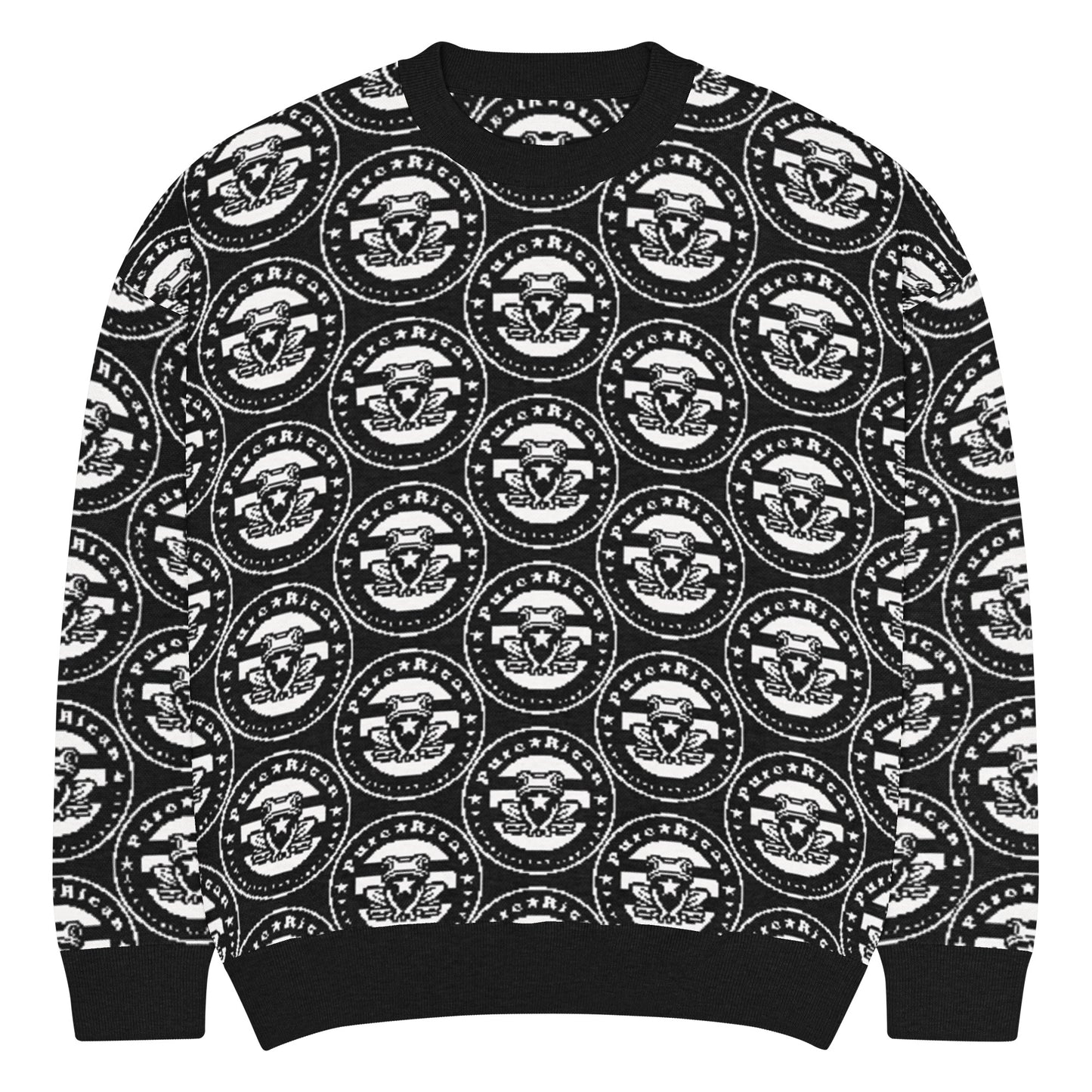 All-over Pure⭐️Rican OG logo pattern knitted into black and gray crewneck sweater fabric