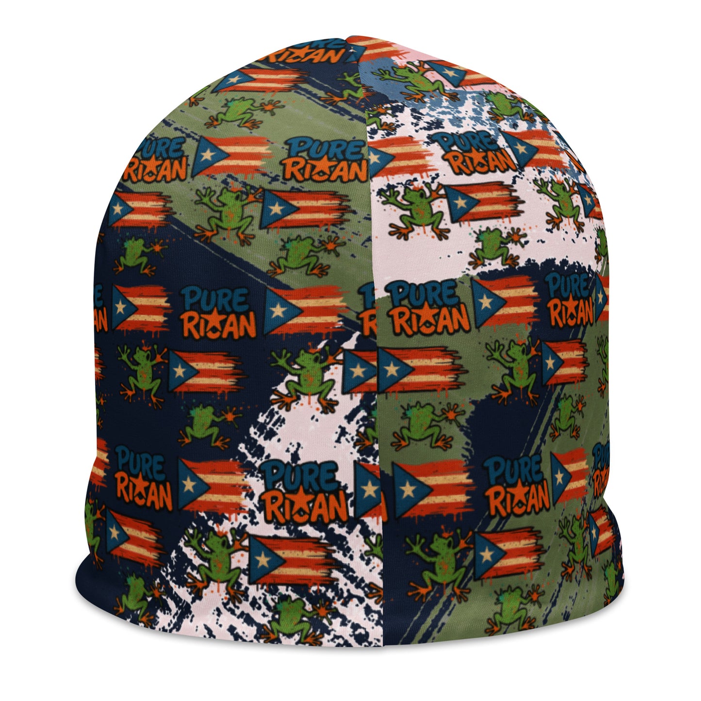 Pure⭐️Rican Island Energy beanie back view – cultural all-over print hat