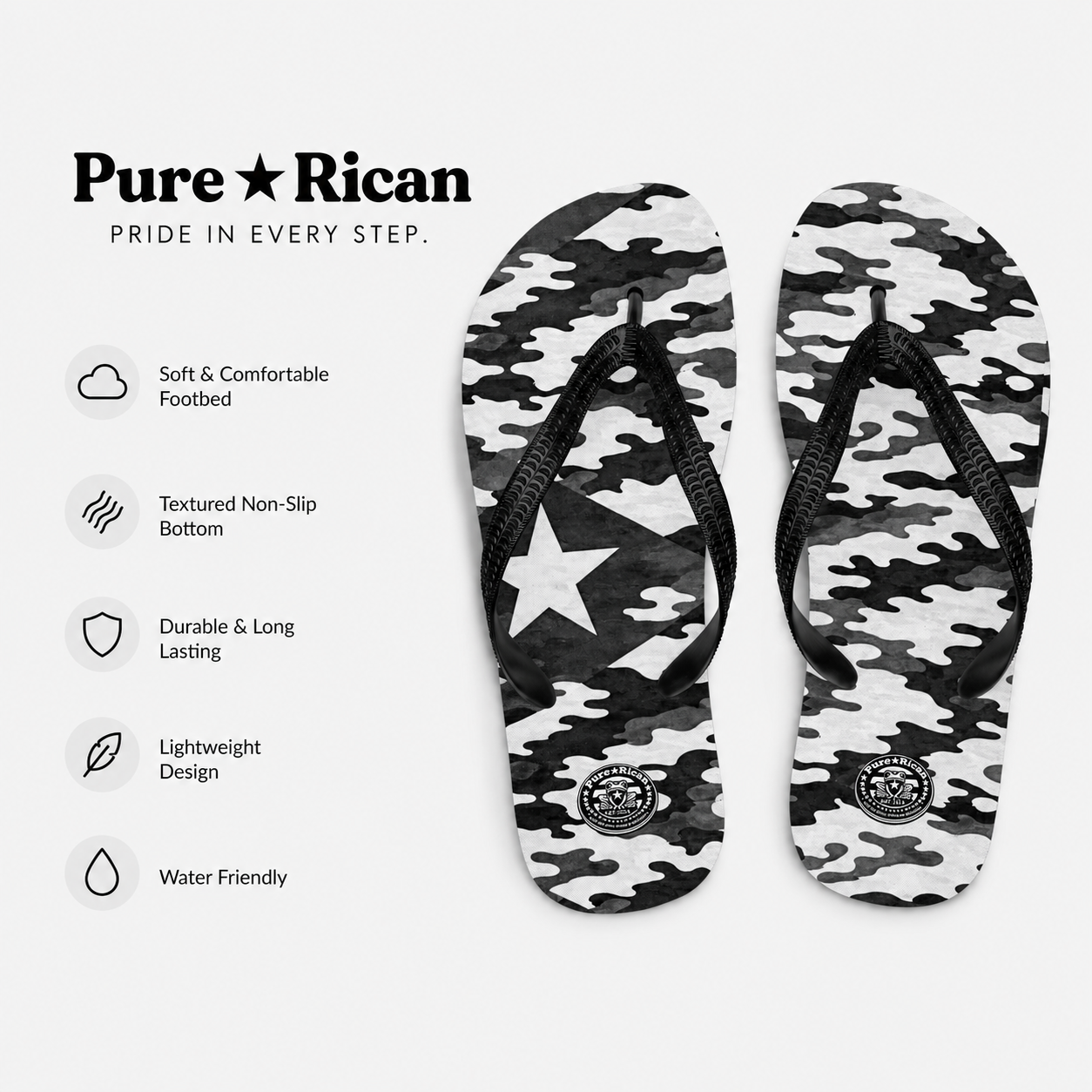 Black and white camouflage flip-flops with Pure⭐️Rican branding on a white background.