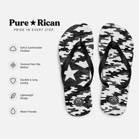 Black and white camouflage flip-flops with Pure⭐️Rican branding on a white background.