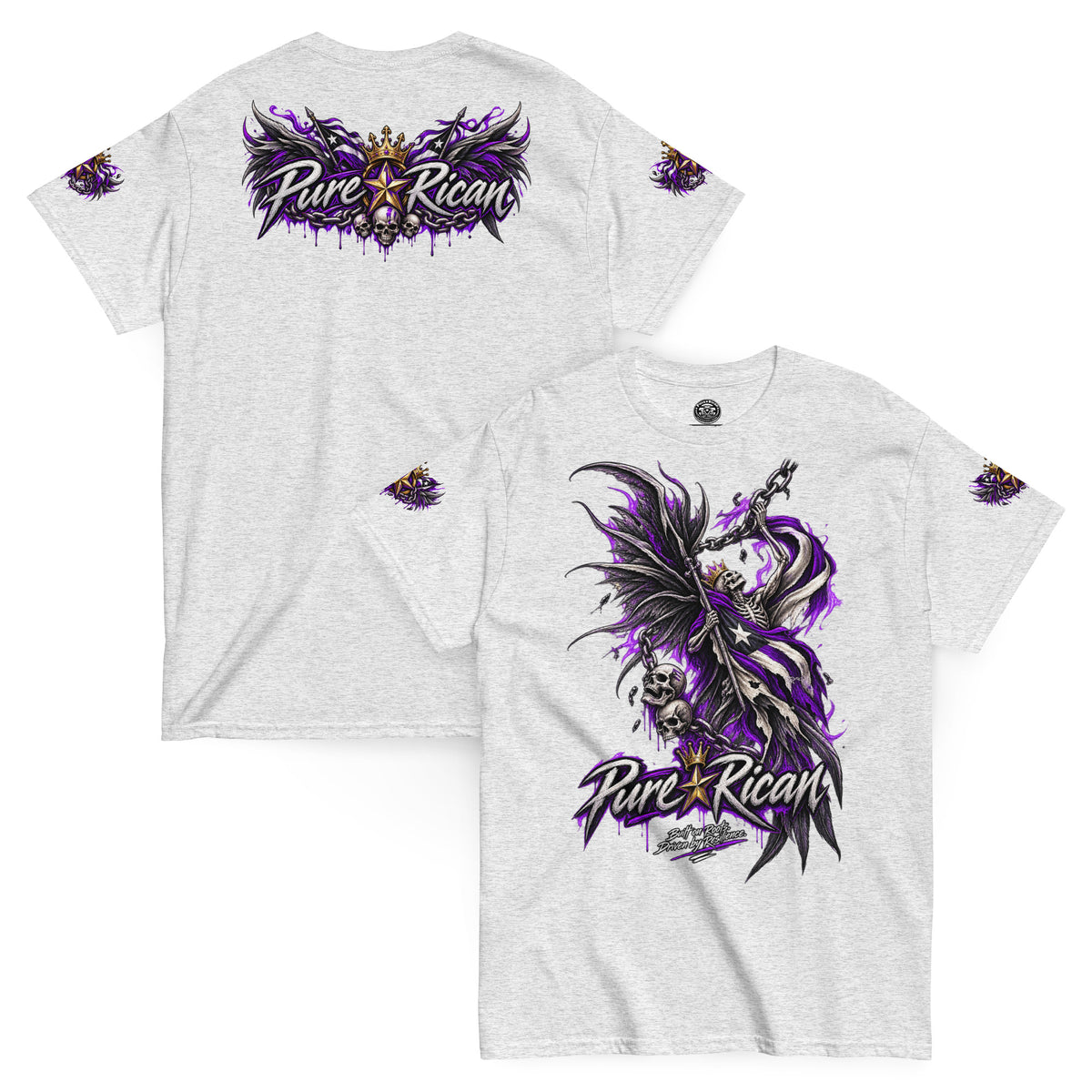 Pure⭐️Rican Winged Reaper Resilience Tee in Ash with front chain-wielding winged skeleton graphic and crowned Pure⭐️Rican back logo