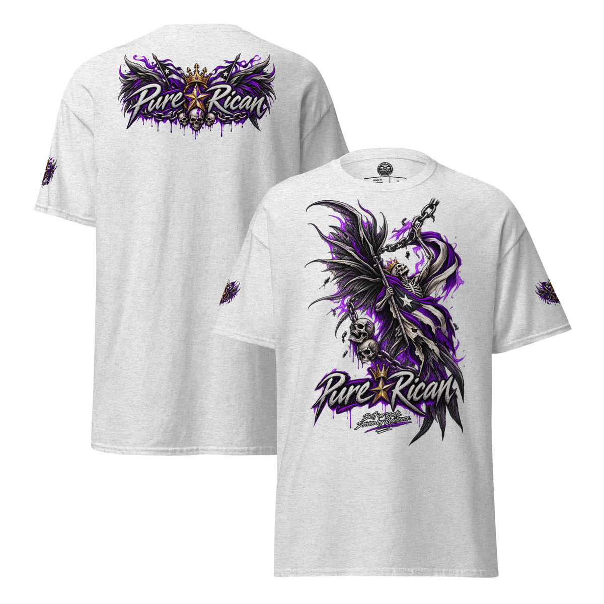 Pure⭐️Rican Winged Reaper Resilience Tee in Ash showing large front reaper artwork, winged crown back graphic, and sleeve details