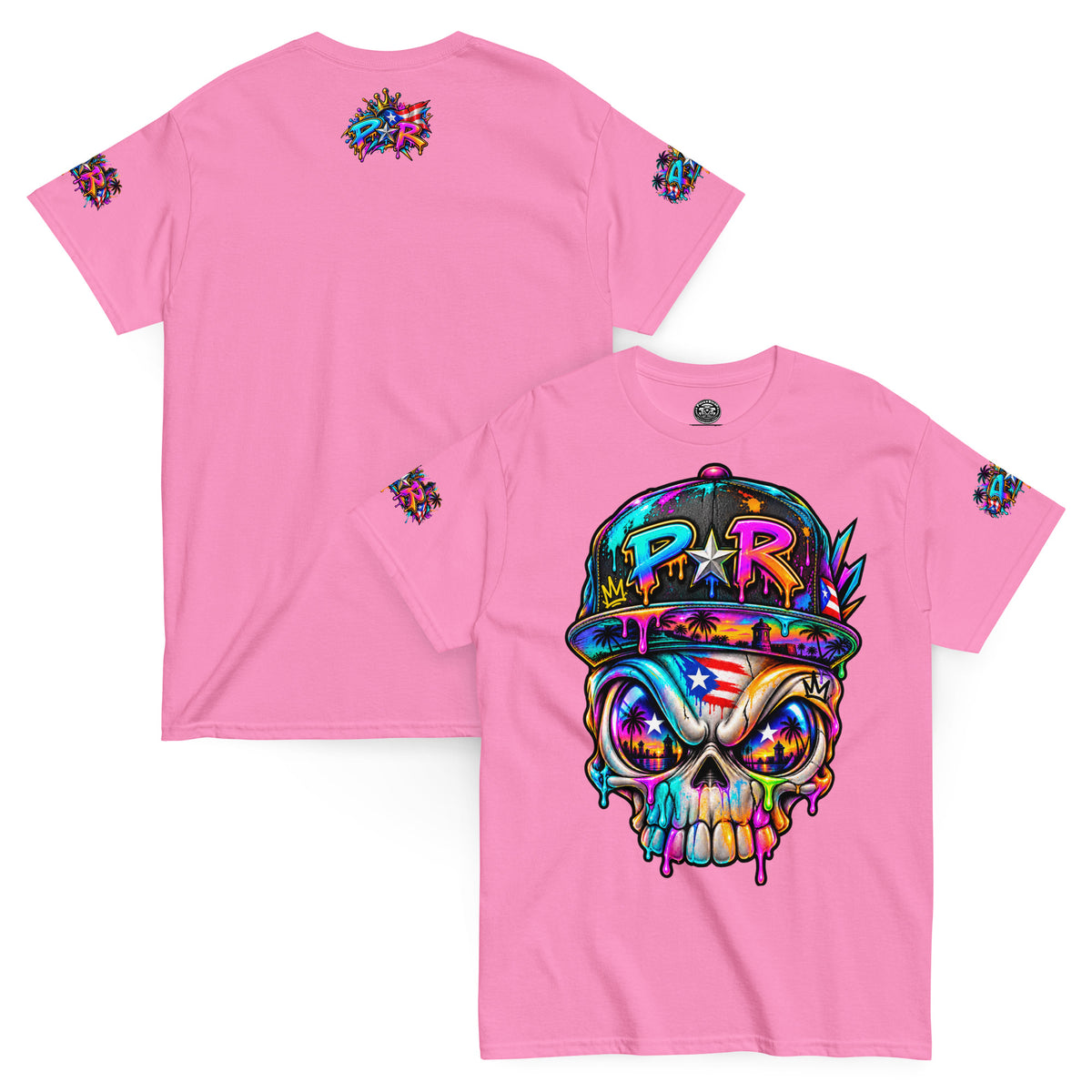 Pure⭐️Rican PR Skull Graffiti Heritage Tee front and back mockup – Azalea