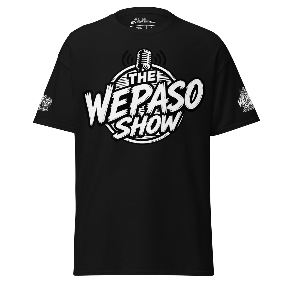 Pure⭐️Rican x The WePaso Show Collaboration Tee in Black, front view with microphone graphic and sleeve branding