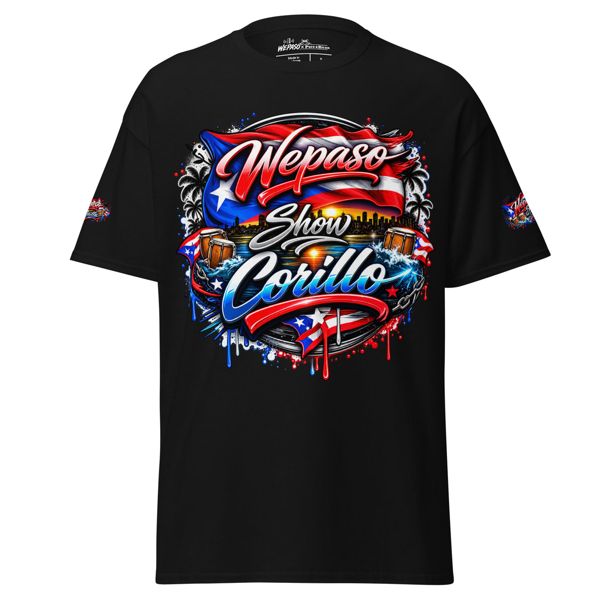 Pure⭐️Rican x WePaso Show Corillo Graphic Tee in Black, front view with Corillo Puerto Rican flag graphic