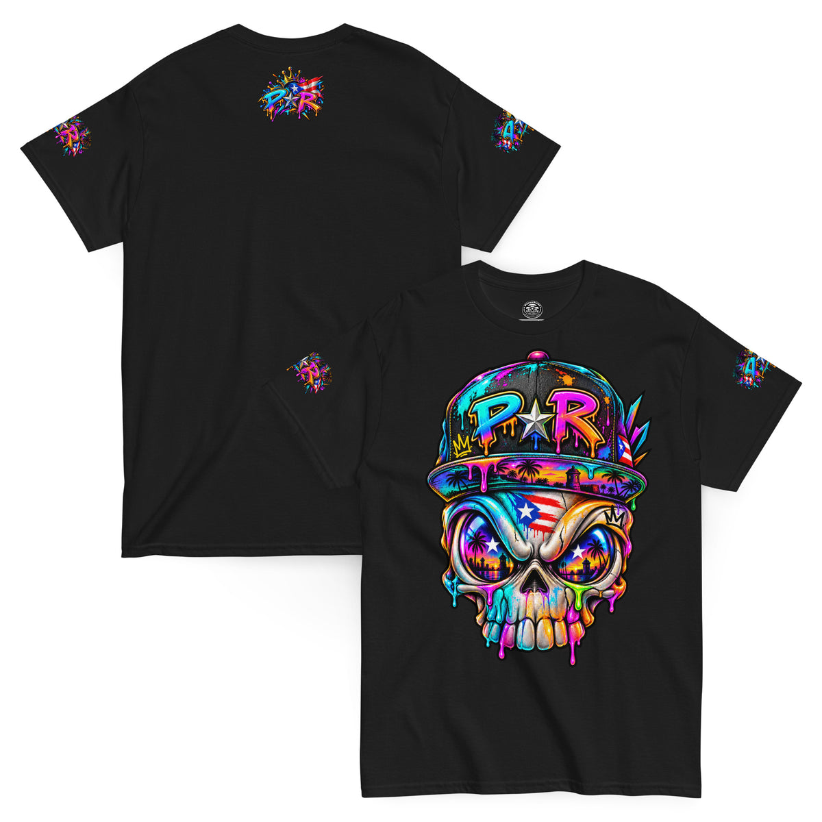 Pure⭐️Rican PR Skull Graffiti Heritage Tee front and back mockup – Black