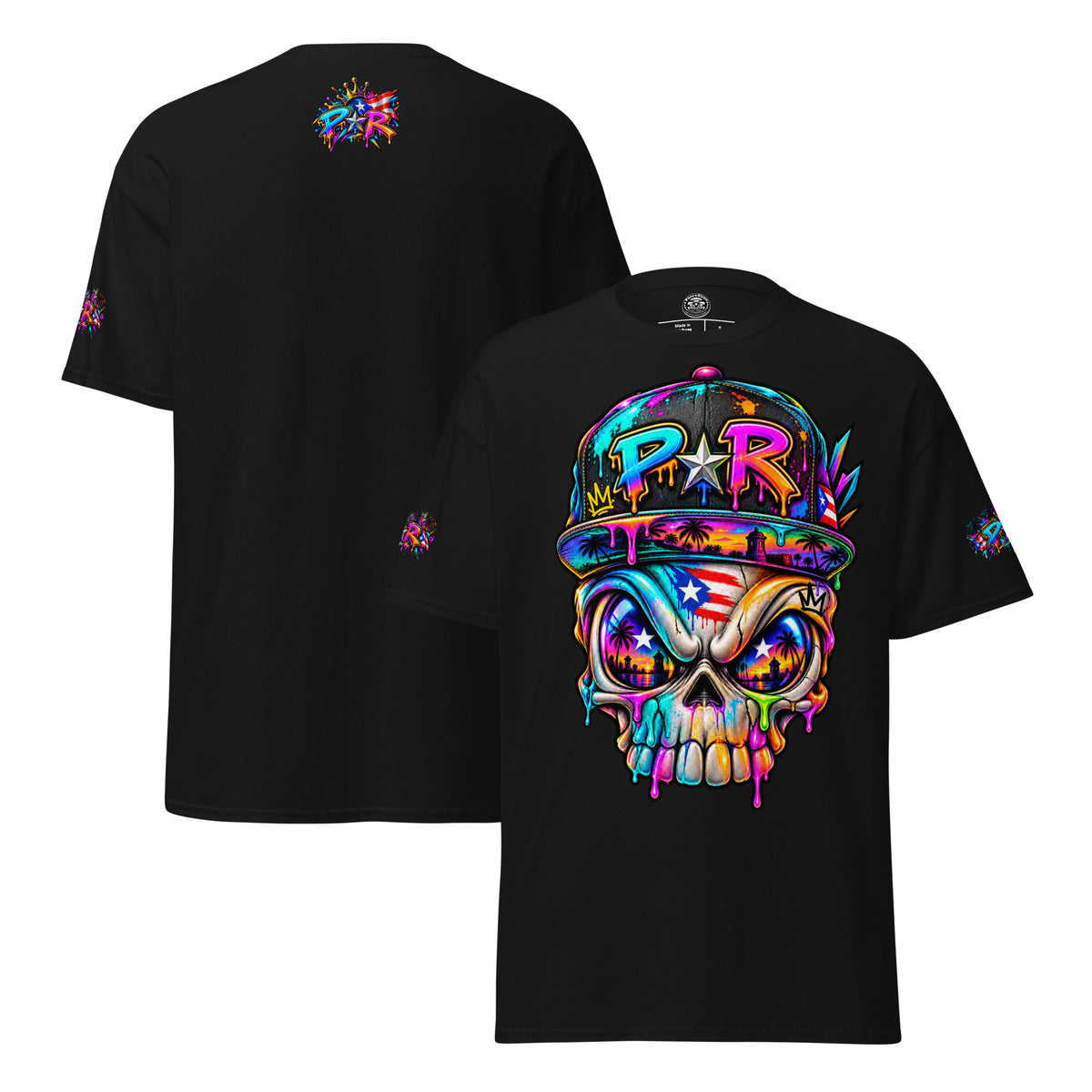 Pure⭐️Rican PR Skull Graffiti Heritage Tee alternate front and back mockup – Black
