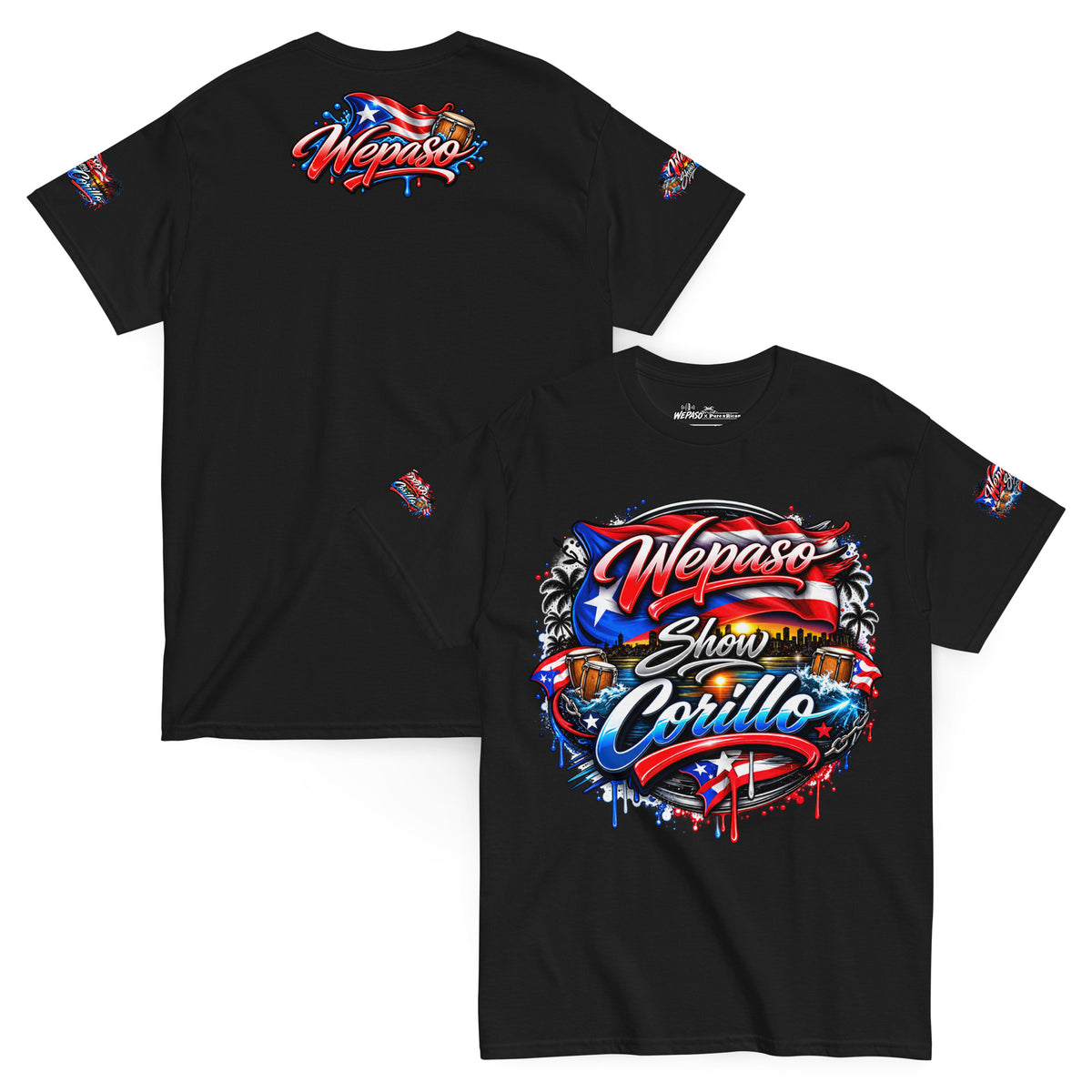 Pure⭐️Rican x WePaso Show Corillo Graphic Tee in Black, front and back views with Puerto Rican artwork