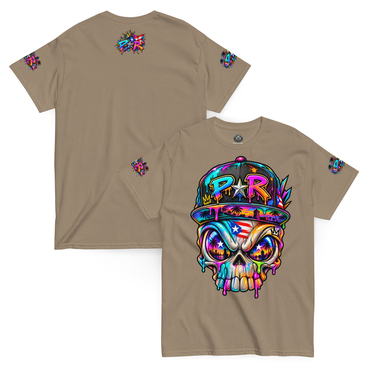 Pure⭐️Rican PR Skull Graffiti Heritage Tee front and back mockup – Brown Savana