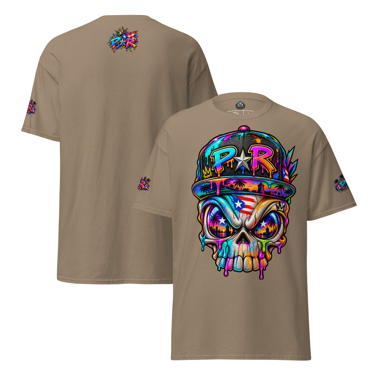 Pure⭐️Rican PR Skull Graffiti Heritage Tee alternate front and back mockup – Brown Savana