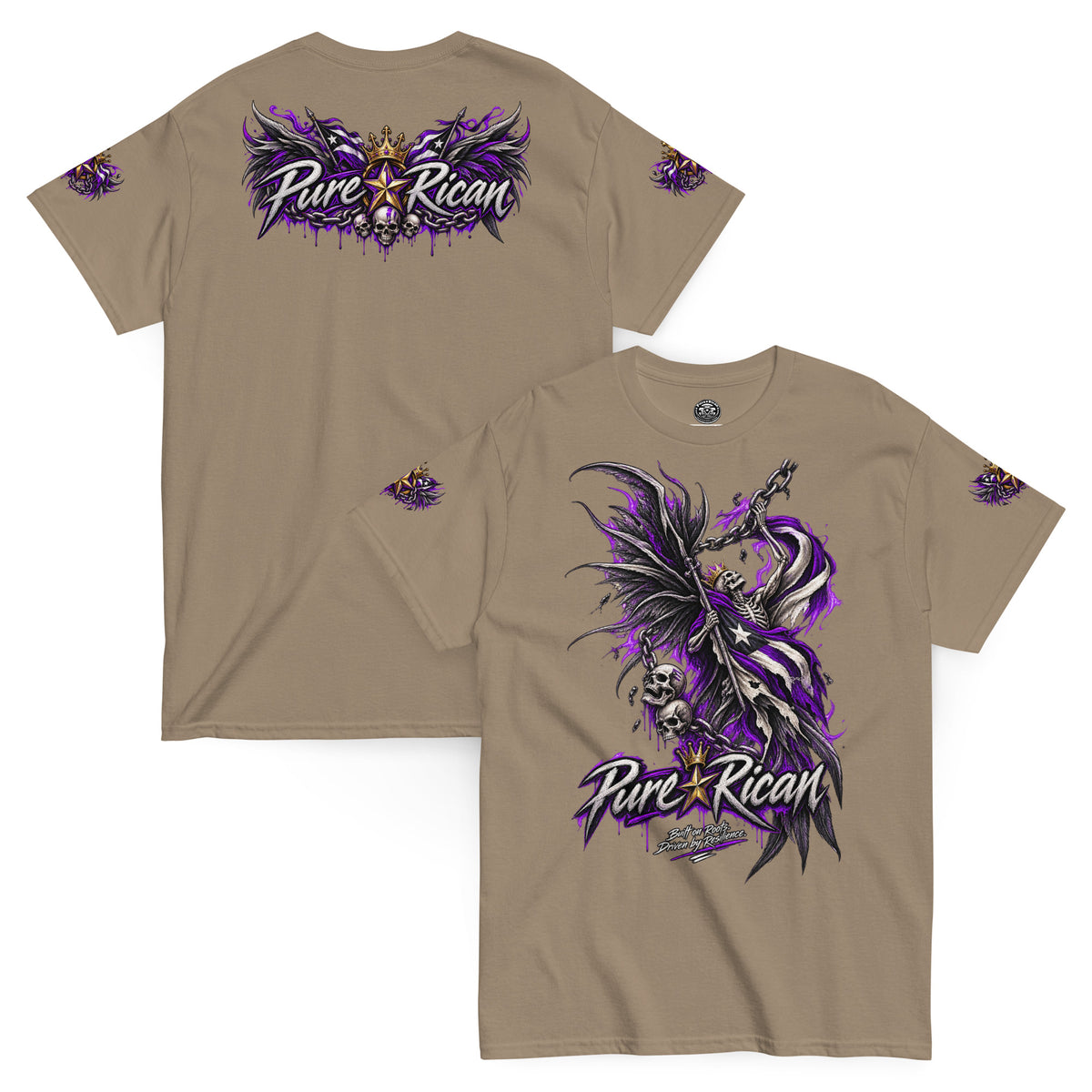 Pure⭐️Rican Winged Reaper Resilience Tee in Brown Savana with front chain-wielding winged skeleton graphic and crowned Pure⭐️Rican back logo