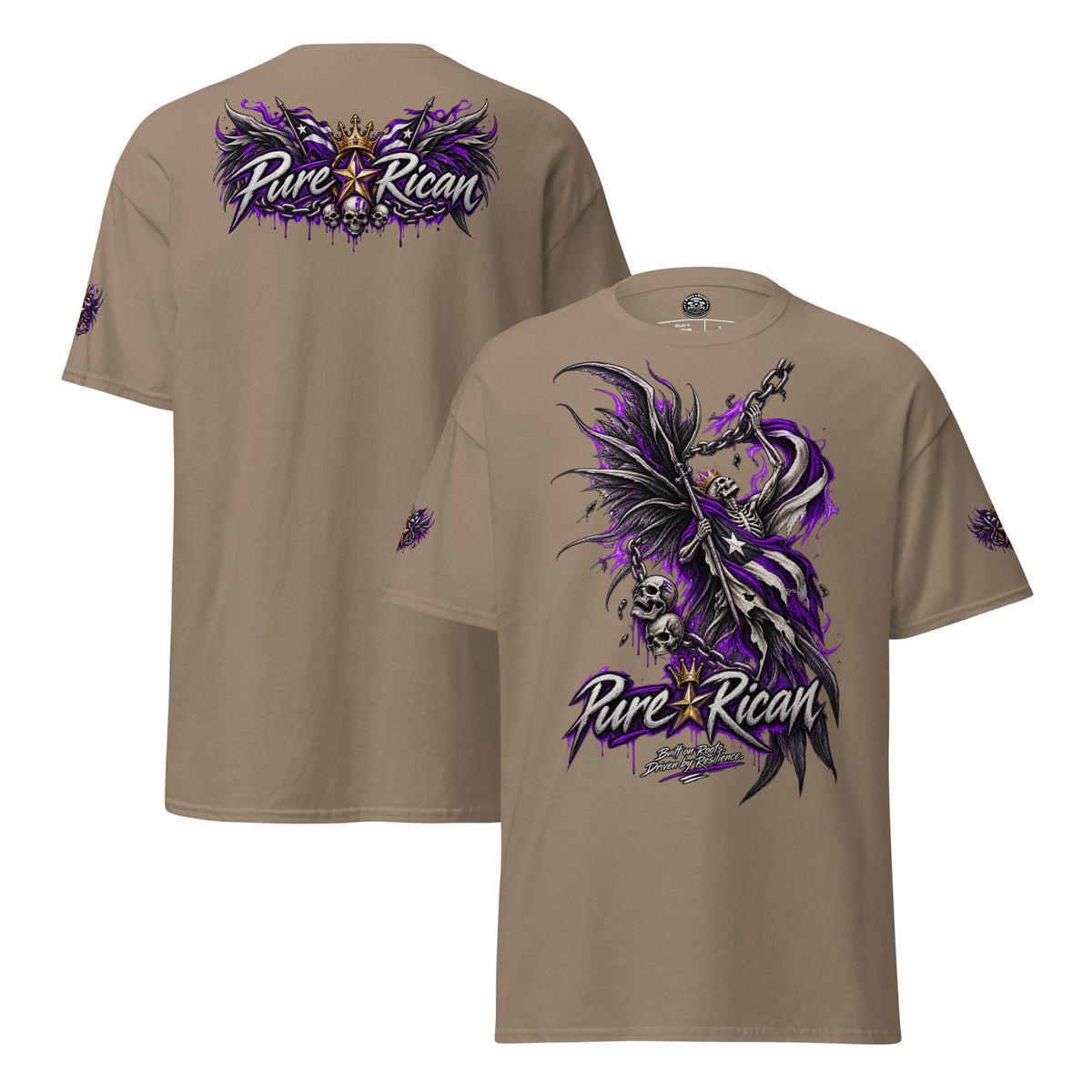 Pure⭐️Rican Winged Reaper Resilience Tee in Brown Savana showing large front reaper artwork, winged crown back graphic, and sleeve details