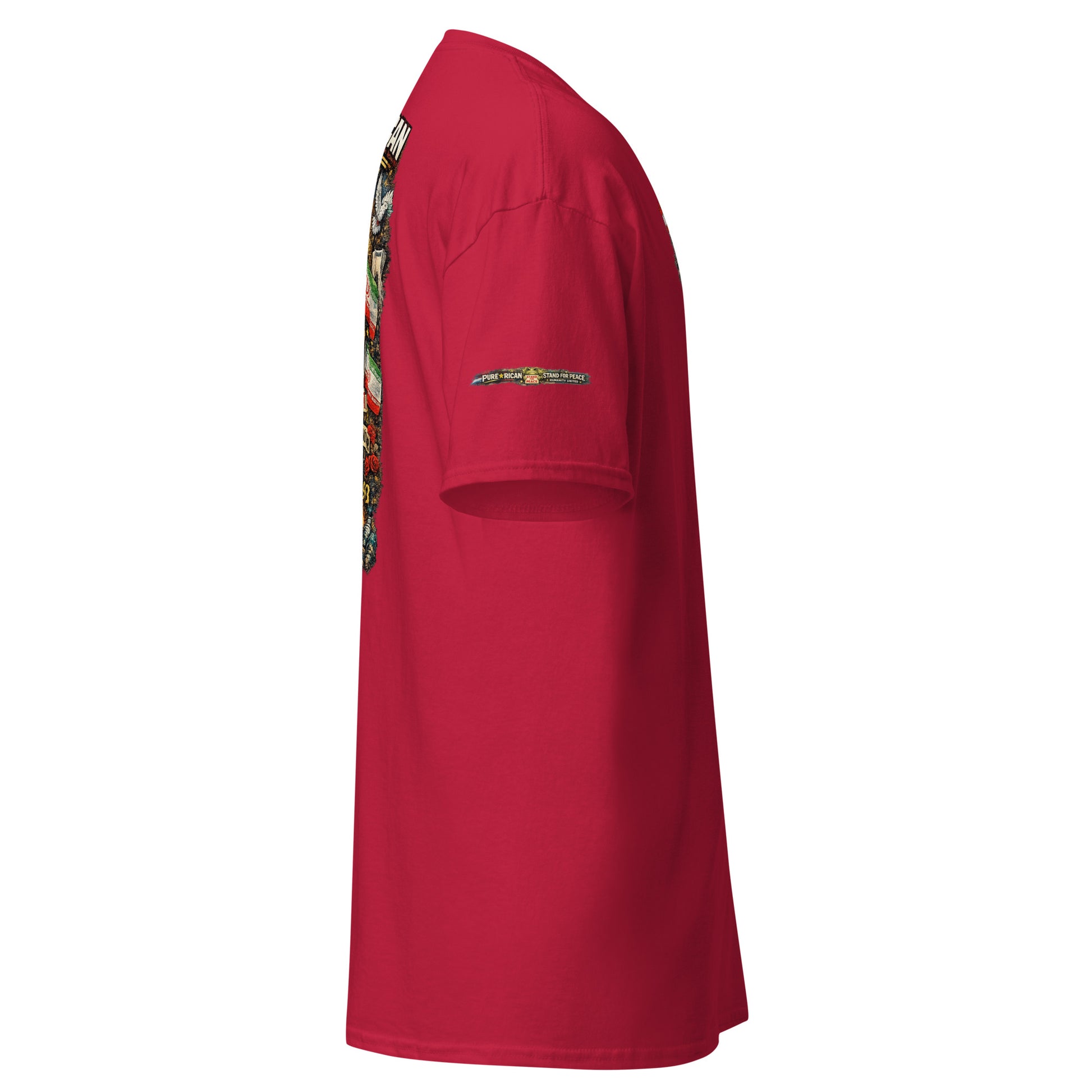 Pure⭐️Rican Stand For Peace t-shirt left side view showing sleeve branding and premium cotton fit